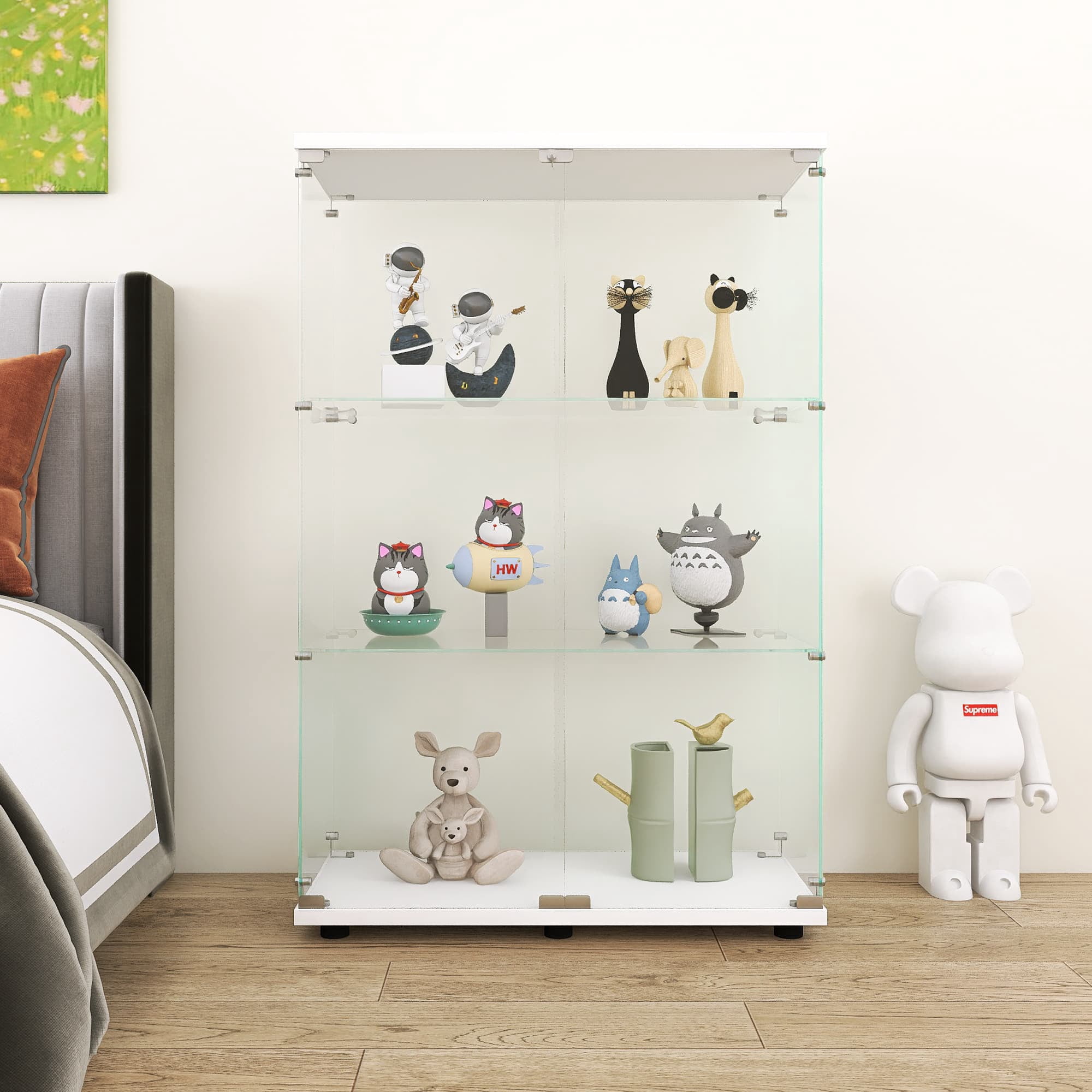 MAYEERTY Glass Display Cabinet 3 Shelves with Double Door, Floor Standing Glass Bookshelf, 49.3"×31.7"×14.3", White