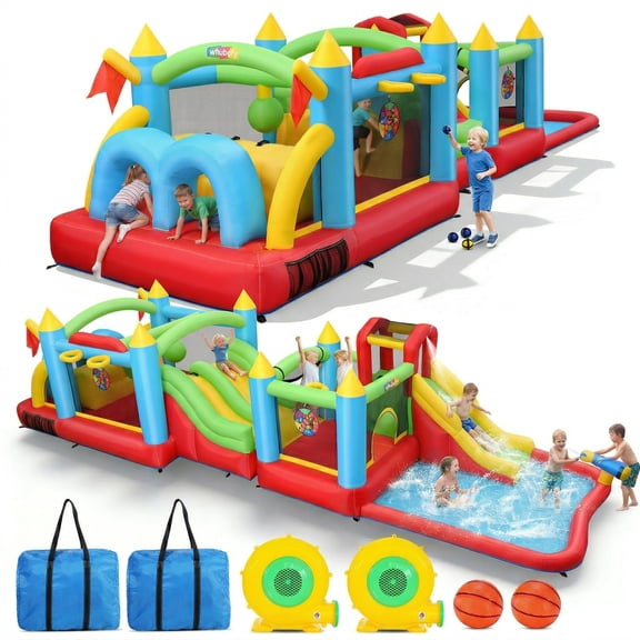 Adnoom 15in1 Bounce House Water Slide for Kids 3-12, 29x9FT Giant Water Park with 3 Long Slides, Large Splash Pool, Obstacle Course, Backyard Bouncy Castle w/2 Blowers
