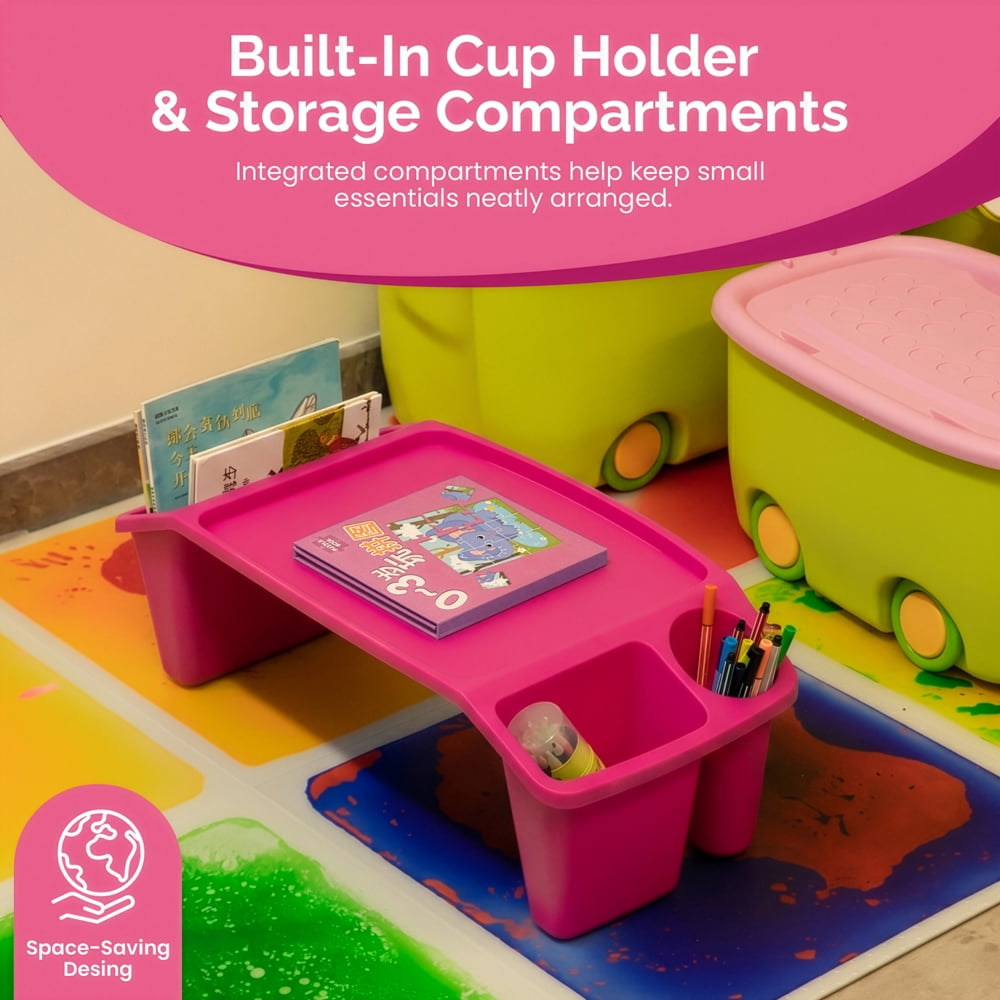 Basicwise Pink Activity Desk Table with Built-In Cup Holder and Storage Compartments, Multipurpose Lap Tray for Home Learning, Art Activities, Snack Time, Reading, Floor-Based Tasks