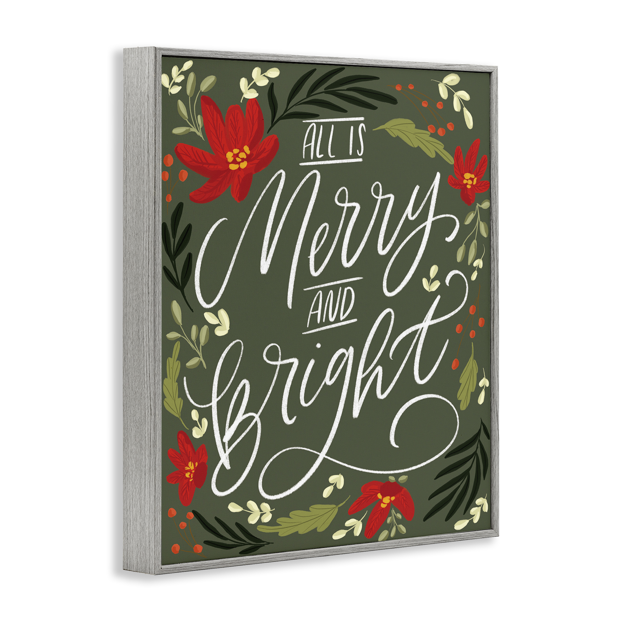 Stupell Industries Floral Merry and Bright Holiday Painting Gray Framed Art Prints Wall Art, 24 x 30
