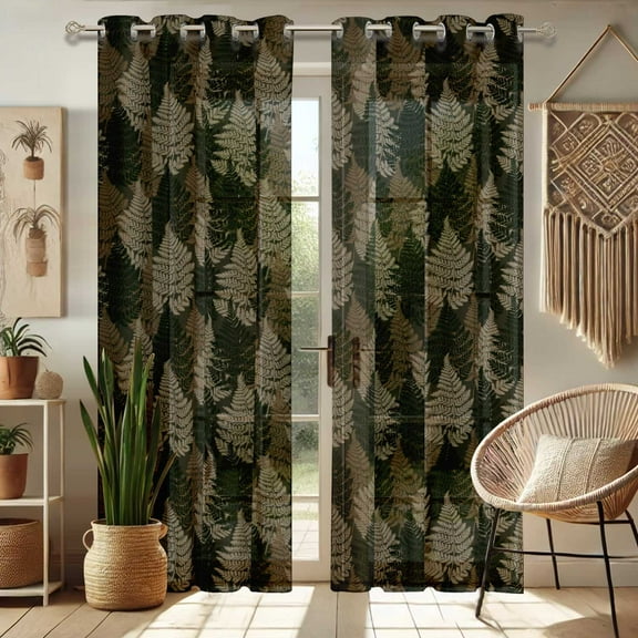 Vargottam Leaves Print Sheer Curtains for Short Windows - Set of 2 Panels, 63", Grommet Top, Printed Georgette, Light Filtering Drapes for Kitchen or Bedroom