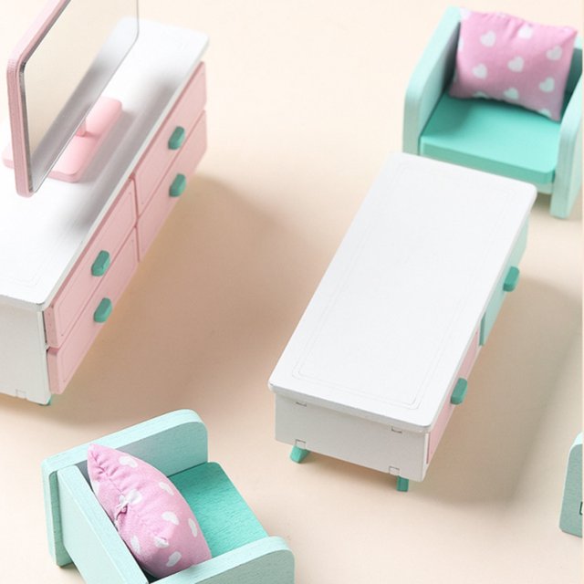 Juego de muebles de madera rosa para niñas, juego de simulación de dormitorio de madera rosa para niñas, juego de muebles para casa de muñecas, instalación sencilla