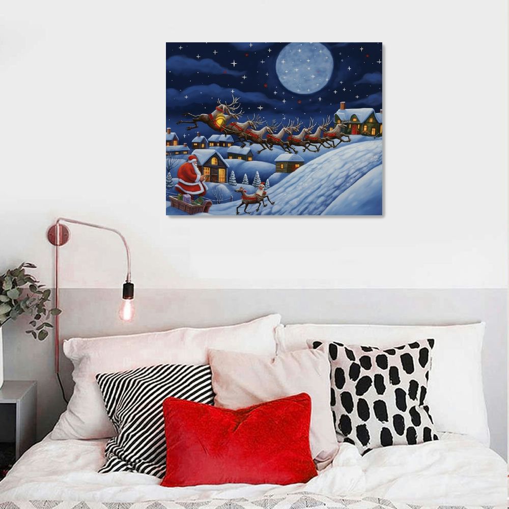 JRXY  Gallery Wrapped Canvas Christmas Wall Art Print for Holiday Decor,  Santa with Sleigh pattern2