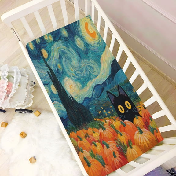 Wobogo Starry Pumpkin Cat Baby Crib Sheets Super Soft Microfiber Playard Sheet Fitted Design for Maximum Comfort and Safety 39×27×5in