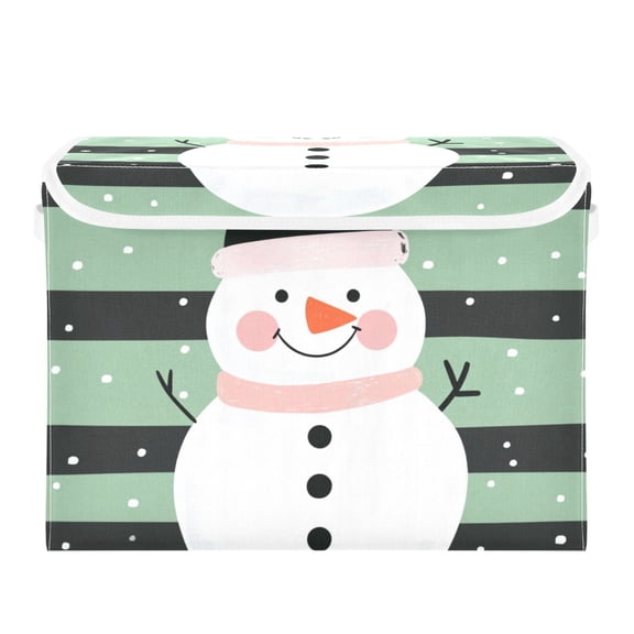 Green Stripes Snowman Wear Hat Foldable Storage Bin with Lid and Handle Collapsible Storage Box 16.5 x 12.6 x 11.8 inches