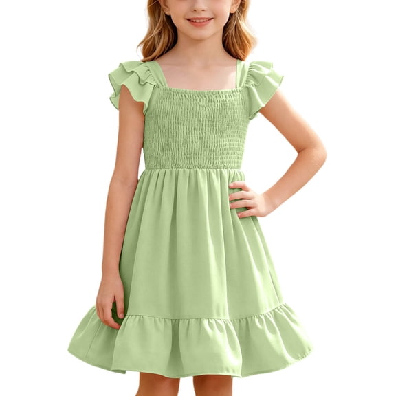 7-8 Years Girls Dresses Cute Solid Color Short Sleeve Ruffle A Line Tiered Dress