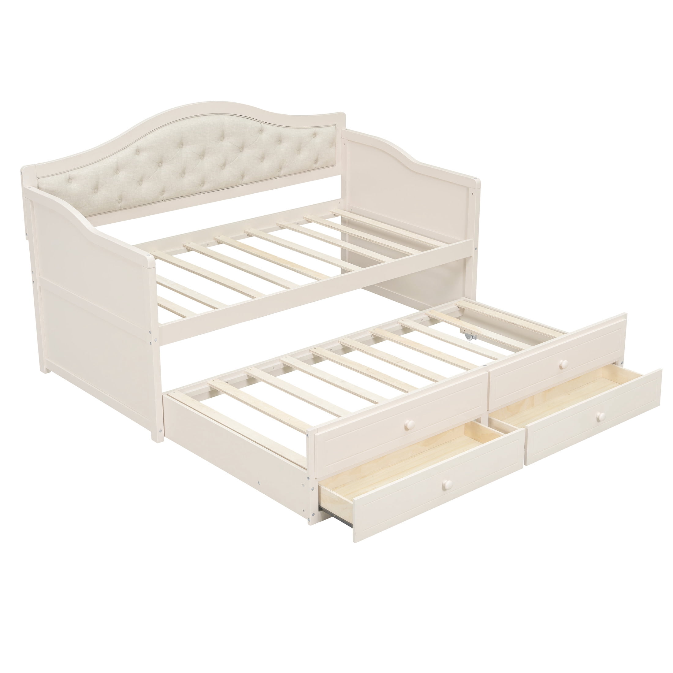 Noble House Twin Daybed with Trundle, 2 Storage Drawers, Upholstered Tufted Backrest, Beige