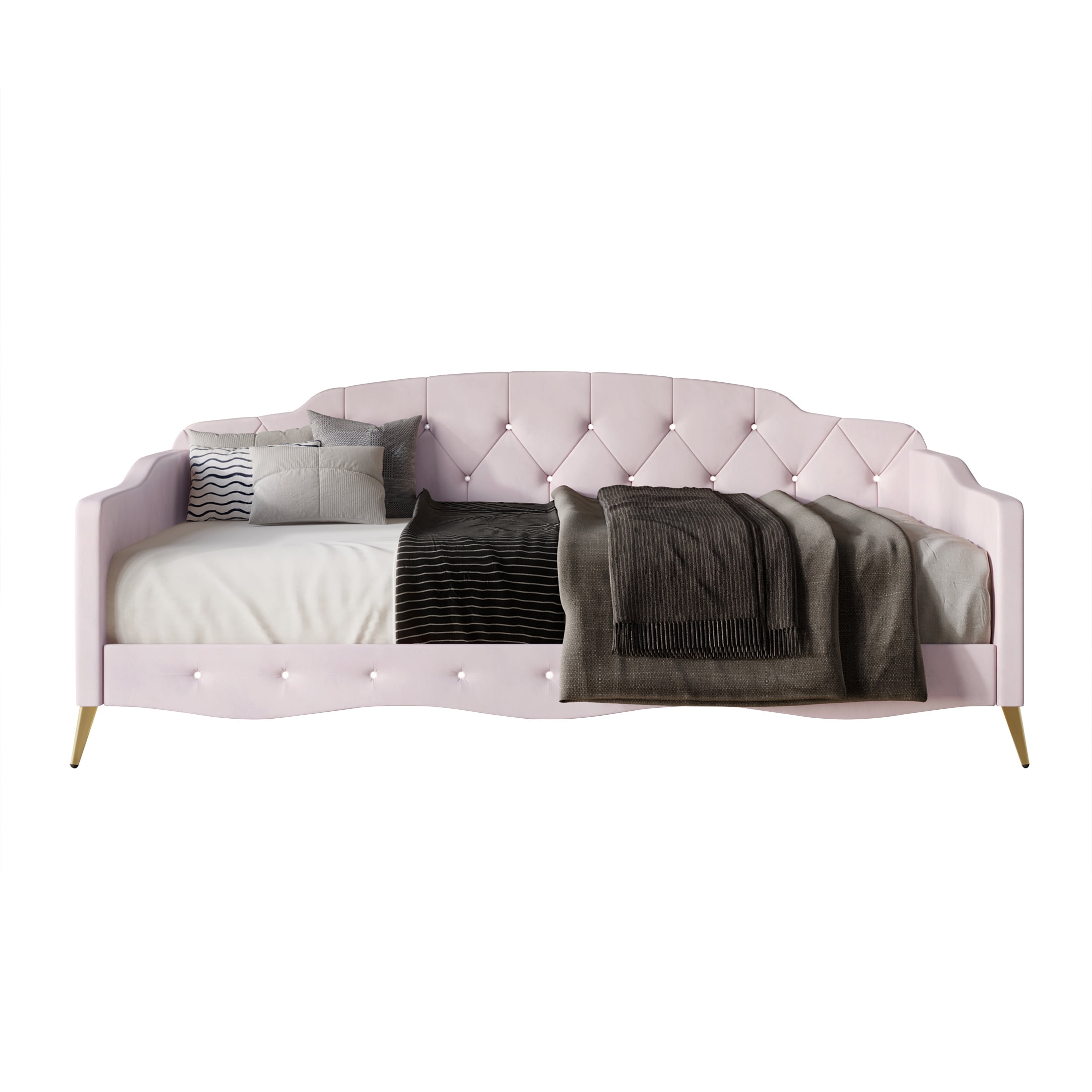 Castle Place Twin Velvet Upholstered Daybed with Crystal Button Tufting, Light Pink