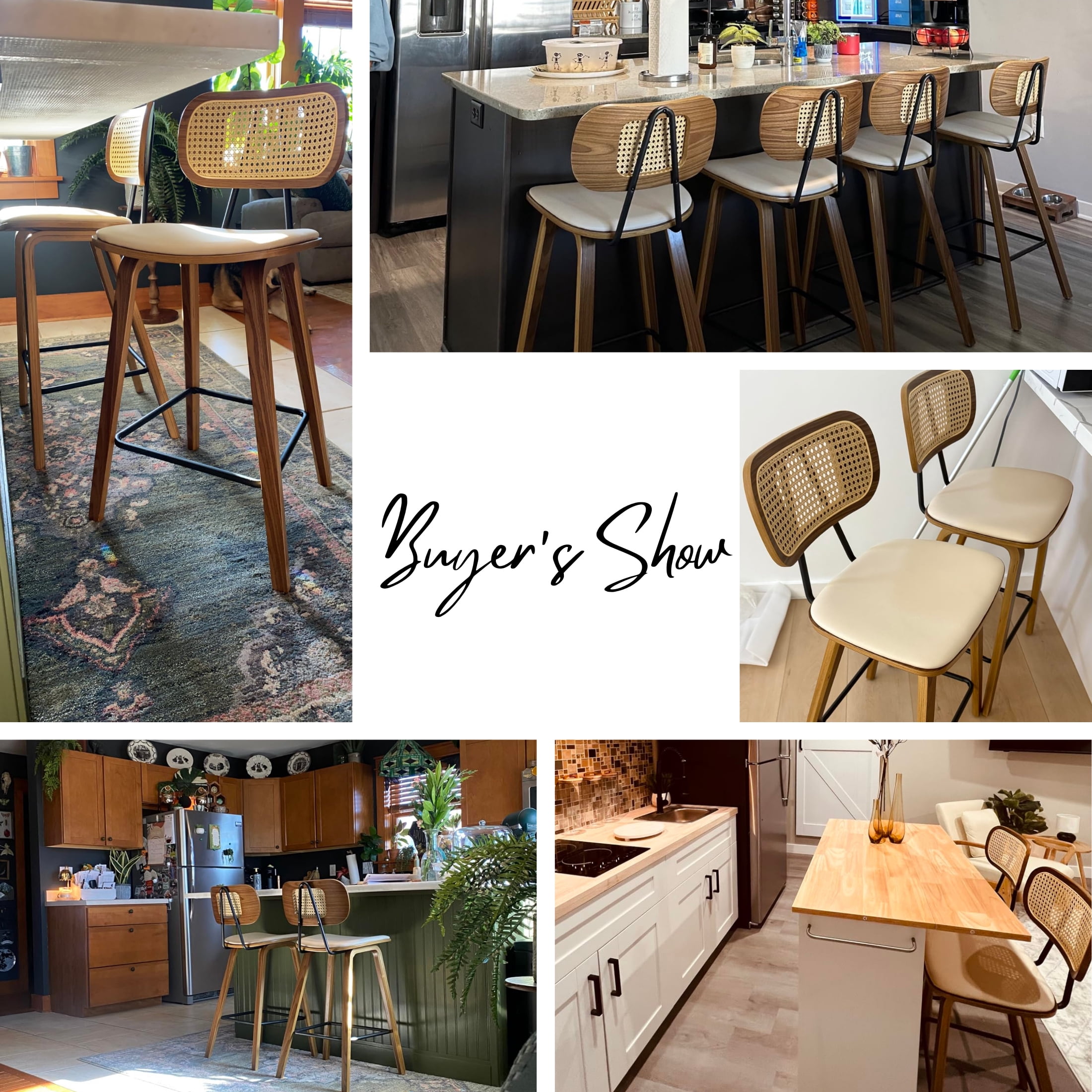 Guyou Rattan Counter Height Bar Stool Set of 2, 26" Wooden Kitchen Island Chairs with Cane Backrest and Bentwood Legs, Modern PU Upholstered Barstools for Dining Room Bars Coffee Shops, Beige