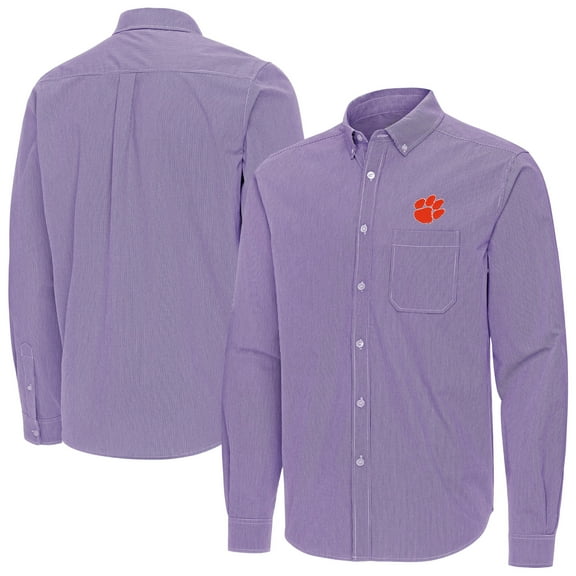 Men's Antigua Purple Clemson Tigers Porter Woven Tri-Blend Long Sleeve Button-Down Shirt