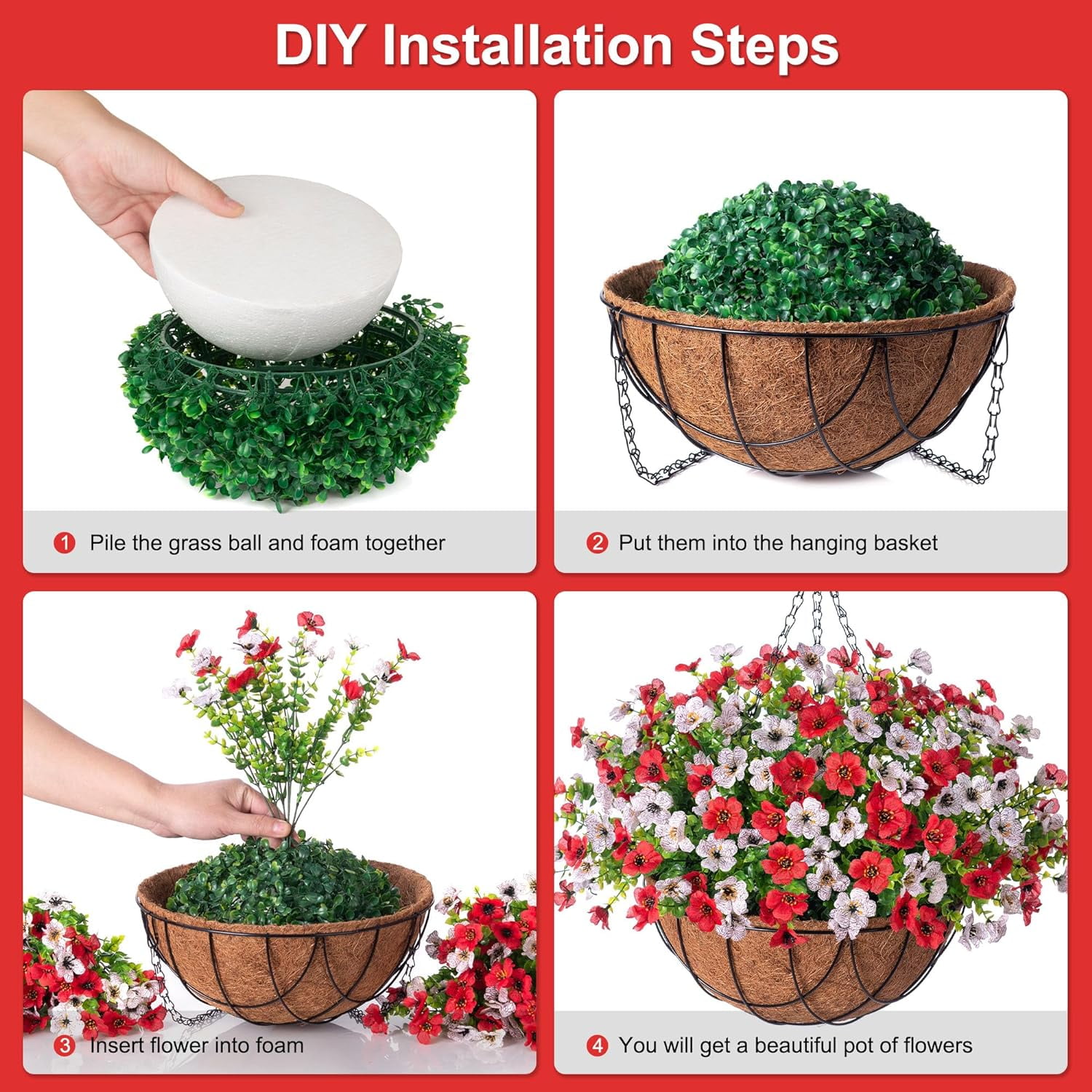 Artificial Faux Hanging Plants Flowers Basket Planter with Colorful Daisy Eucalyptus & Baby's Breath, UV Resistant Silk Fake Flowers for Spring Summer Outdoor Decor, Perfect for Porch Patio and Yard
