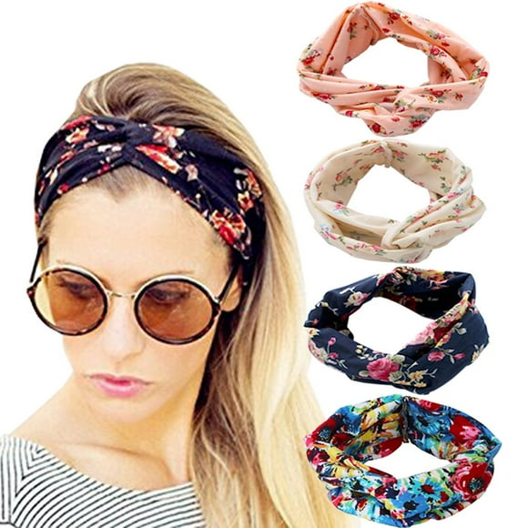 DRESHOW Lot de 4 Bandeaux Turban pour Femmes Imprimé Vintage Fleur Croisé Élastique