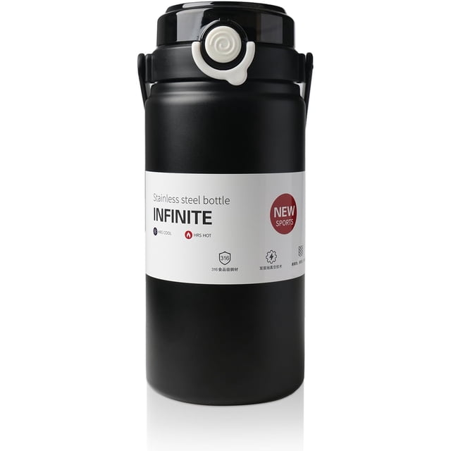 Botella 1000ml Termo De Acero Inoxidable,Agua Fría (24 horas) o Caliente (12 horas),Botella De Agua Aislada Con Pajita De Silicona A Prueba De Fugas,Para Gimnasio, Deportes Y Oficina (Negro)