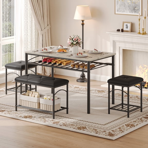 Huisuilinss Dining Table Set For 4,4 Pieces Kitchen Table With Upholstered Bench And 2 Stools,Farmhouse Wood Kitchen Table Set With Storage Rack & Metal Frame,Space Saving Dining Set