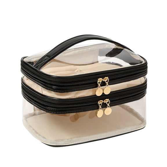 Meiyuuo Double Layer Travel Toiletry Bag Makeup Bag Big Cosmetic Bags PVC Waterproof Orangizer with Handle Transparent Toiletries Pouch for Women Daily Beauty Essentials Skincare Bag Black