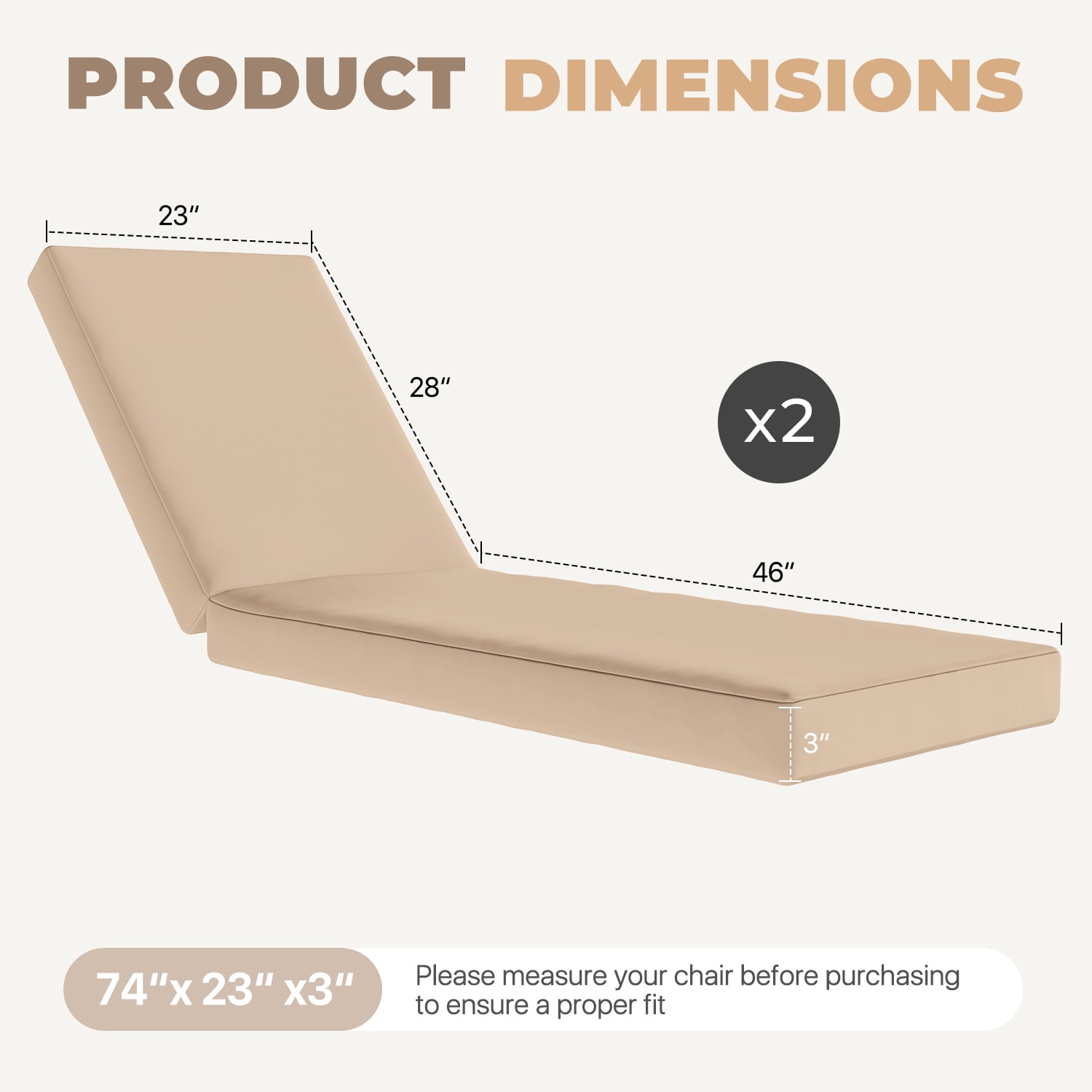 BaPiPro Beige 2‑Pack All‑Weather Outdoor Chaise Lounge Cushions, Waterproof High‑Density Patio Recliner Pads, Detachable Zipper Covers & Anti‑Slip Tie‑Downs, High‑Rebound Foam for Pool Garden Patio