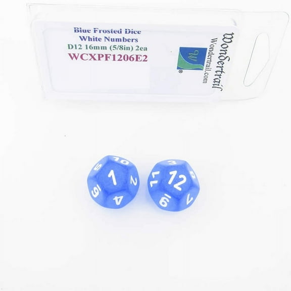 Blue Frosted Dice with White Numbers D12 Aprox 16mm (5/8in) Pack of 2 Wondertrail