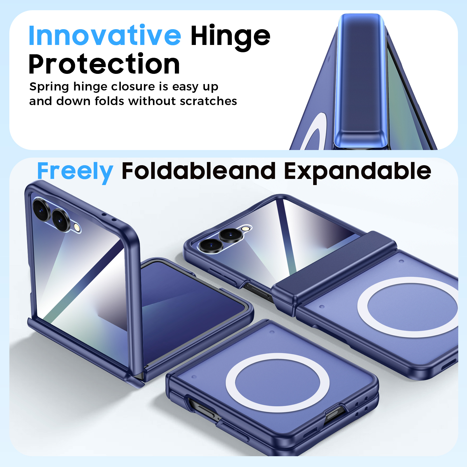 Vizvera for Samsung Galaxy Z Flip 7 Case,with Magnetic Power [Slim Design][Screen Protector][Hinge Protection] Translucent Matte Shockproof Protective Phone Case-Blue