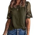 thumbnail image 3 of Camiseta de encaje de manga corta para mujer Color puro Cuello redondo de moda Blusa de manga de encaje con cuello redondo de color liso OD Verde M, 3 of 6