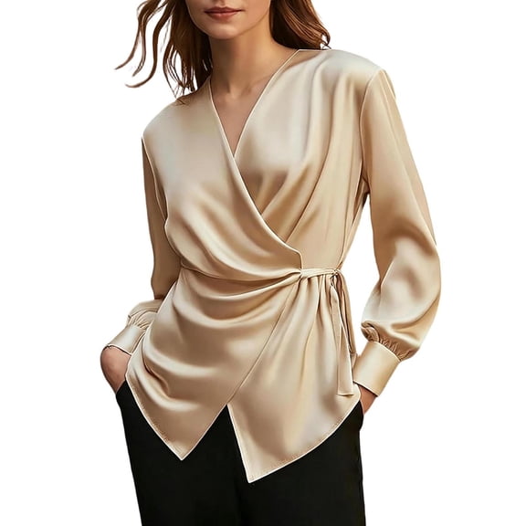 Edvintorg Blouses for Women Business Casual Plus Size Fashion Satin V Neck Long Sleeve Work Tops Dressy Shirts for Women Beige S