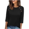thumbnail image 4 of Craaazy Spring Tops for Women Casual 3/4 Sleeve Solid Color Crew Neck Button Accent Shirts for Everyday Wear, Weekend Errands, 4 of 7