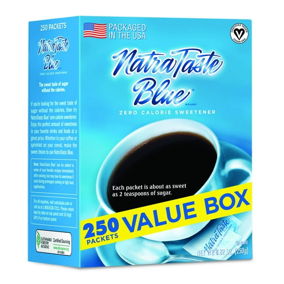 NatraTaste Blue Zero Calorie GGA1 Sweetener, Bulk Sugar for Coffee, Iced Tea, Lemonade, Hot & Cold Drinks, Baking, Cooking, Low Carb, Vegan, Sugar Alternative, 250 Packets Value Box (1 pack)