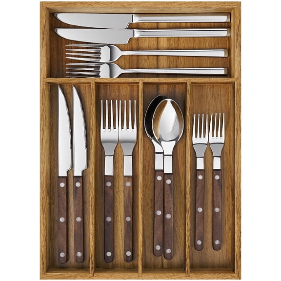 Acacia Wood Silverware Organizer, Kitchen Drawer Organizer for Flatware, Wooden Utensil Holder and Cutlery Tray with Grooved Drawer Dividers, 5 Compartment Utensil Tray (5 Compartments)