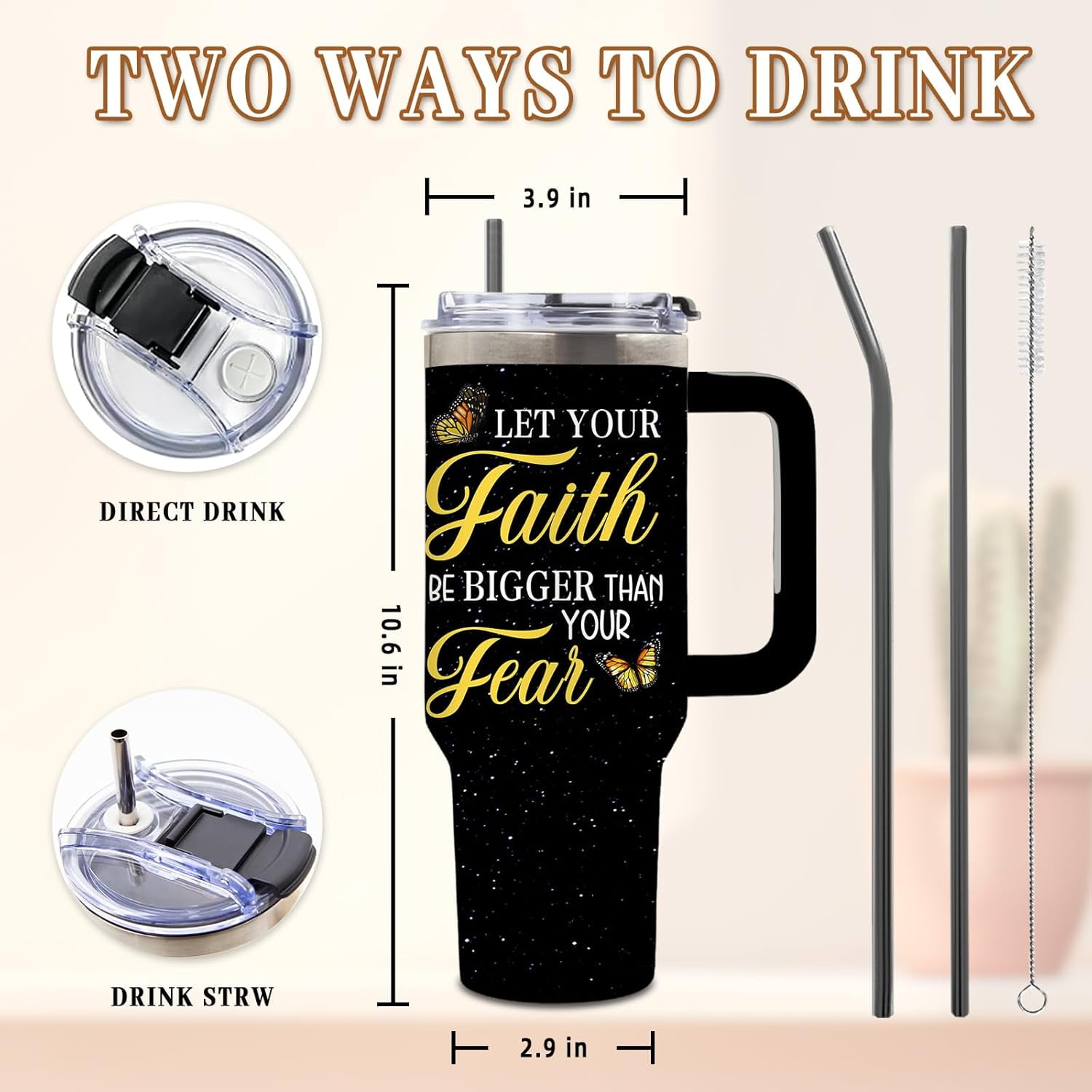 Christian Gifts for Men, Christian Tumbler 40 Oz With Handle and Straw, Inspirational Religious Gifts for Faith Lovers, Faith Over Fear Gift Tumbler for Christmas Thanksgiving, 1PCS