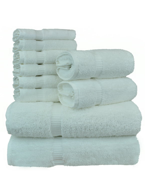 Luxury Hotel & Spa Quality, Quick Dry 100% Turkish Cotton, 700 GSM, Eco Friendly Towel, Bathroom and Kitchen Dobby Border Towels, 2-Bath Towel, 2-Hand Towel, 6-Washcloth (Bundle Set of 10, White)
