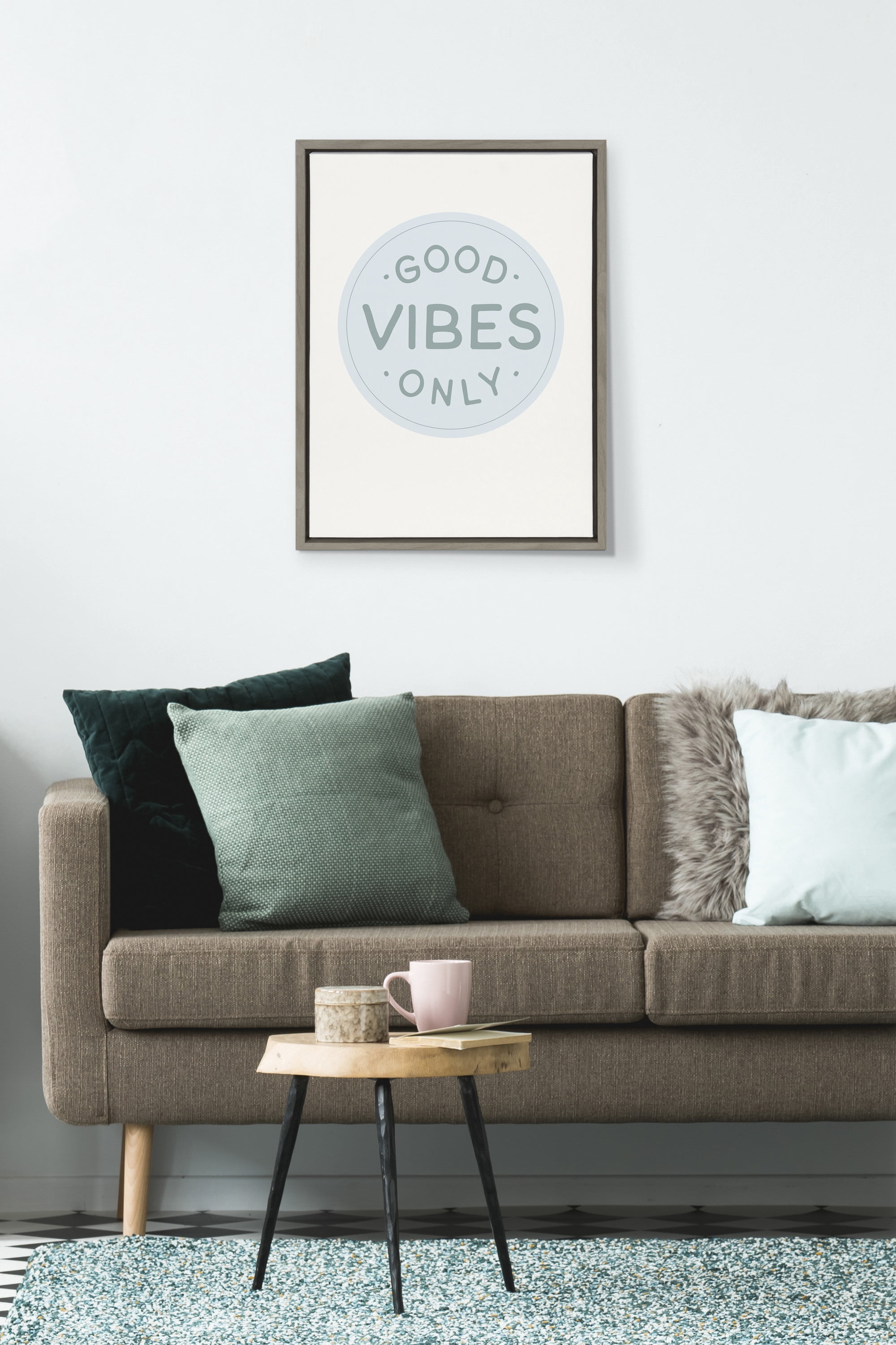 Kate and Laurel Sylvie Good Vibes Only Pale Blue Button Framed Canvas Wall Art by The Creative Bunch Studio, 18x24 Gray, Positivity Art for Wall