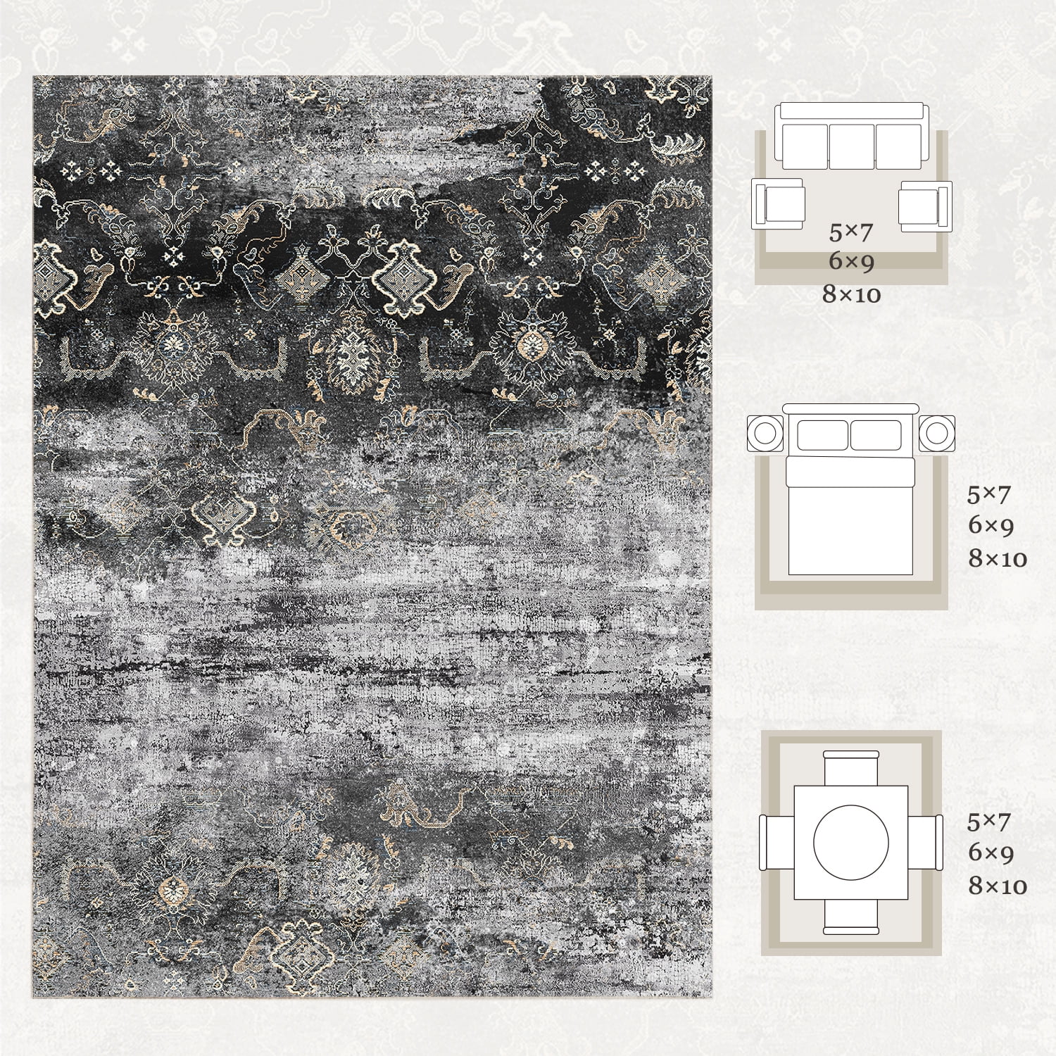 VUNATE 5'x7' Area Rugs for Living Room Machine Washable Rugs Abstract Vintage Distressed Indoor Rug Carpet Soft Lightweight Large Area Rug for Bedroom Dining Room Kitchen Nonslip Rug Black and Gray