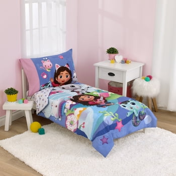 Gabby's Dollhouse Toddler Bedding Set, 4-Pieces, Purple, Pink, White, Toddler Bed Size, Kitty Cats, Universal, Polyester fiber fill