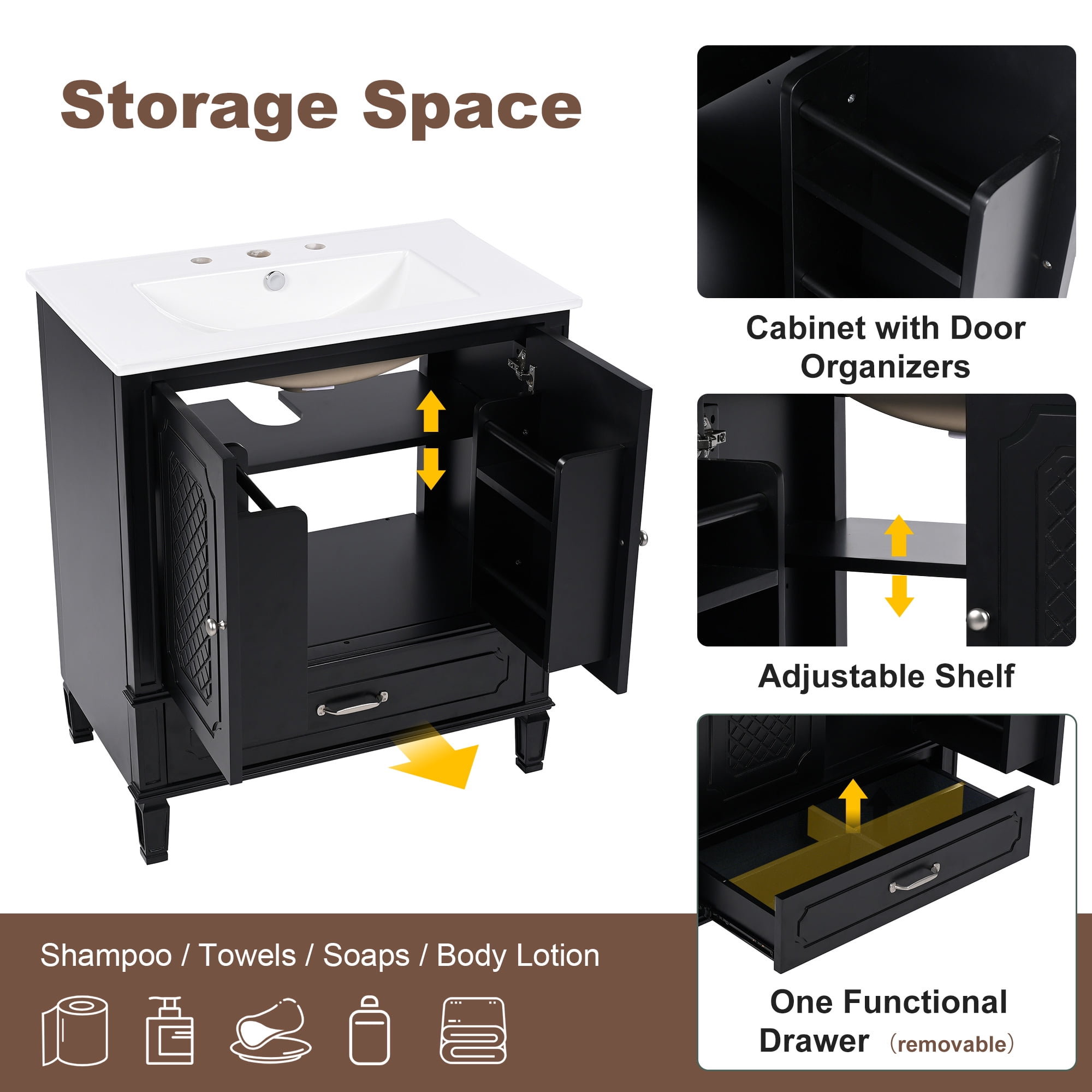 Euroco 30" Bathroom Vanity with Sink Vintage Style, Multi-functional Storage Space, Door Shelf, Soft-closing Door, Black (same sku: N759P218644B)