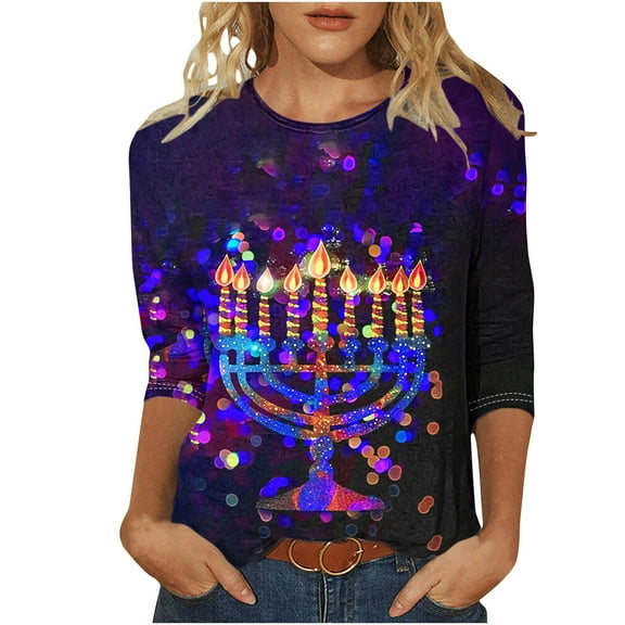 successthop Hanukkah Shirts Adult Candle Happy Festival Plus Size Oversized Lightweight Crewneck 3/4 Sleeve Tops T Shirt