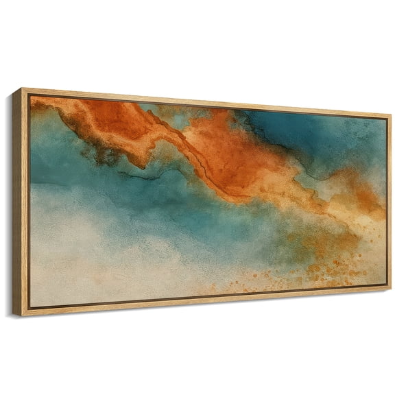 Large Framed Canvas Wall Art Abstract Teal Orange Waves Print for Living Room Decoration - 60"x30" Natural Framed