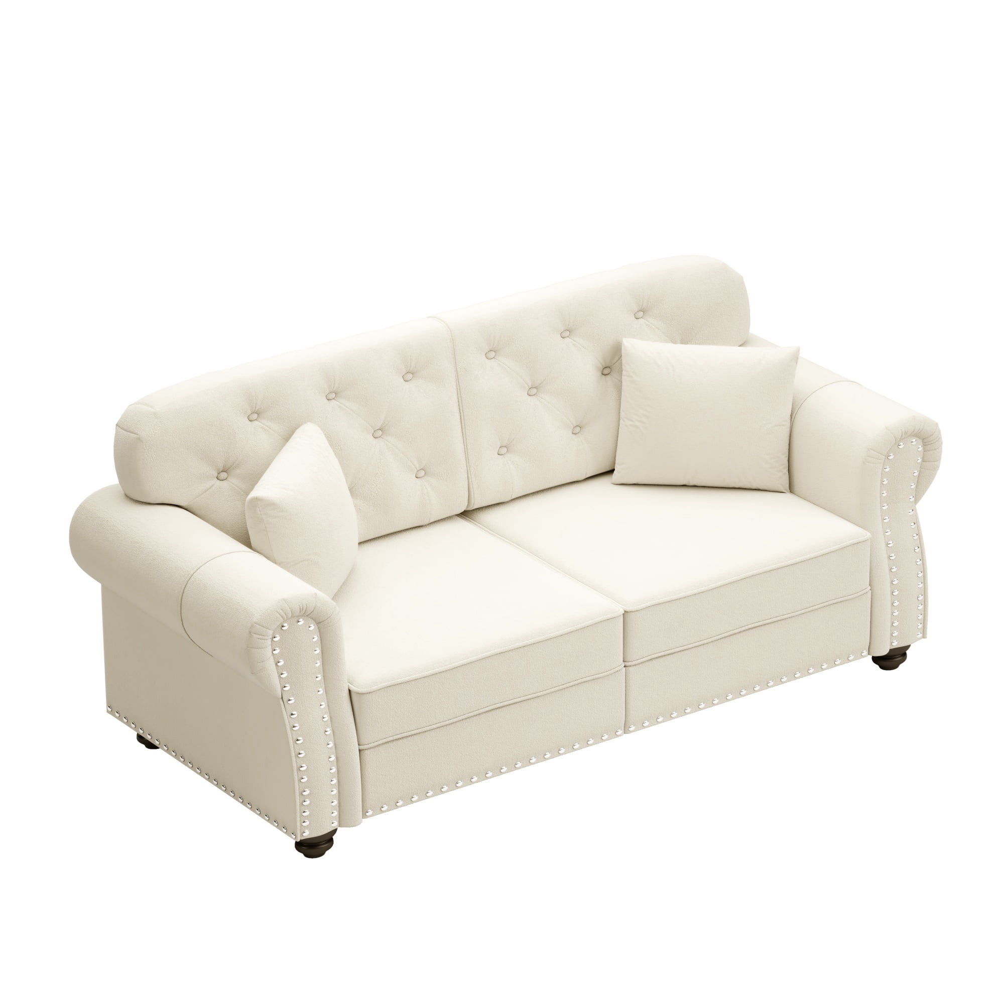 1PCS Upholstered Velvet Couch with Nailhead Trim, Mid-Century Modern Button Tufted Chesterfield Loveseat Sofa with 2 Pillows