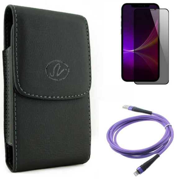 Case Belt Clip & Privacy Screen Protector & 10ft USB Cable for iPhone 13 Pro Max ONLY - Leather Holster Cover   Tempered Glass Curved Anti-Spy   Purple Charger Cord Power Combo