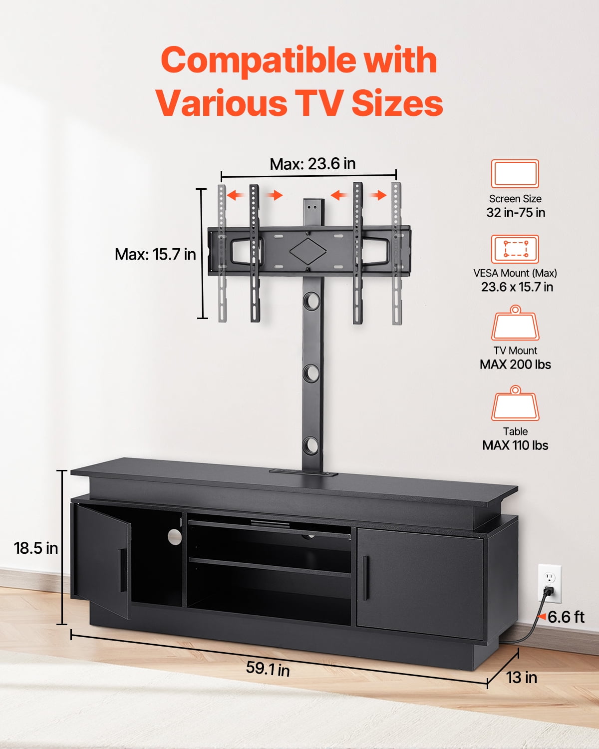 VEVOR 60" TV Stand with Mount for up to 75 in TVs, Entertainment Center with Power Outlet & LED Lights, Height Adjustable TV Console with Mount with 3 Tiers Storage Cabinets for Bedroom, Living Room