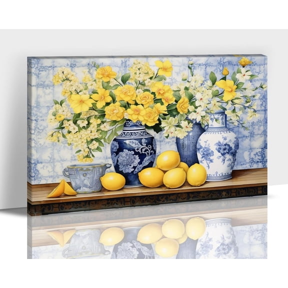 Flower Canvas Wall Art, Rustic Blue and White Porcelain & Yellow Floral Painting Pictures for Kitchen Decor, Framed Vintage Country Lemon Prints Posters for Living Room Bedroom Artwork 12x18 Inches