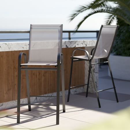 BizChair 2 Pack Gray Outdoor Barstools with Flex Comfort Material and Metal Frame