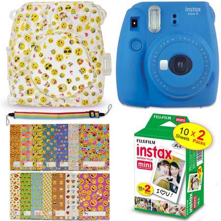 Semi Hard Camera Case - Fuji Instax Mini 9 EMOJI Kit - Instant Camera COBALT BLUE + Mini 9 EMOJI Hard Camera Case + FujiFilm Mini Film (20 Sheets) + 20 EMOJI Sticker Frames + Rainbow Neck/Shoulder Strap