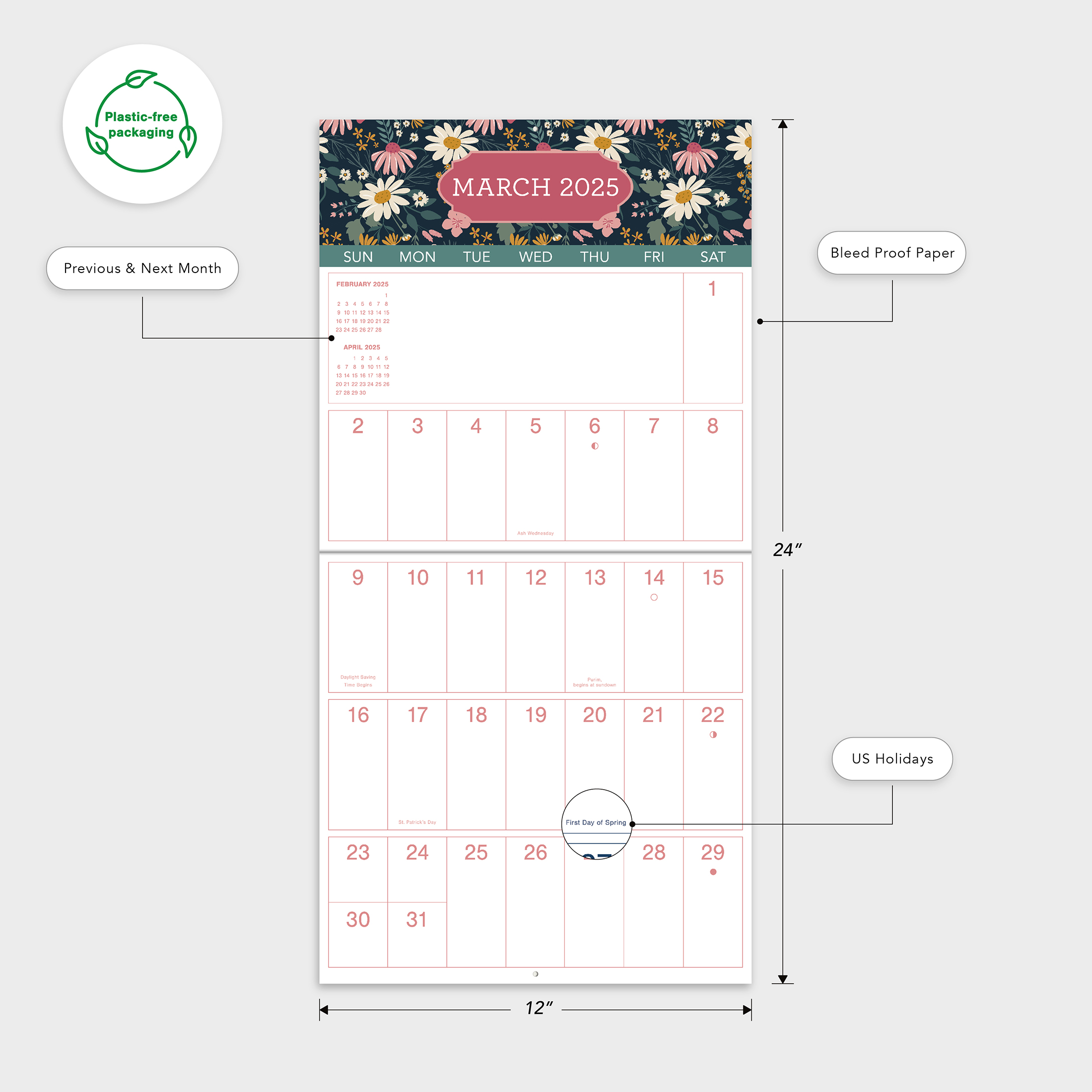 2025-12 Month Hanging Wall Calendar-Large Grid Floral-12x12 by Dayspring