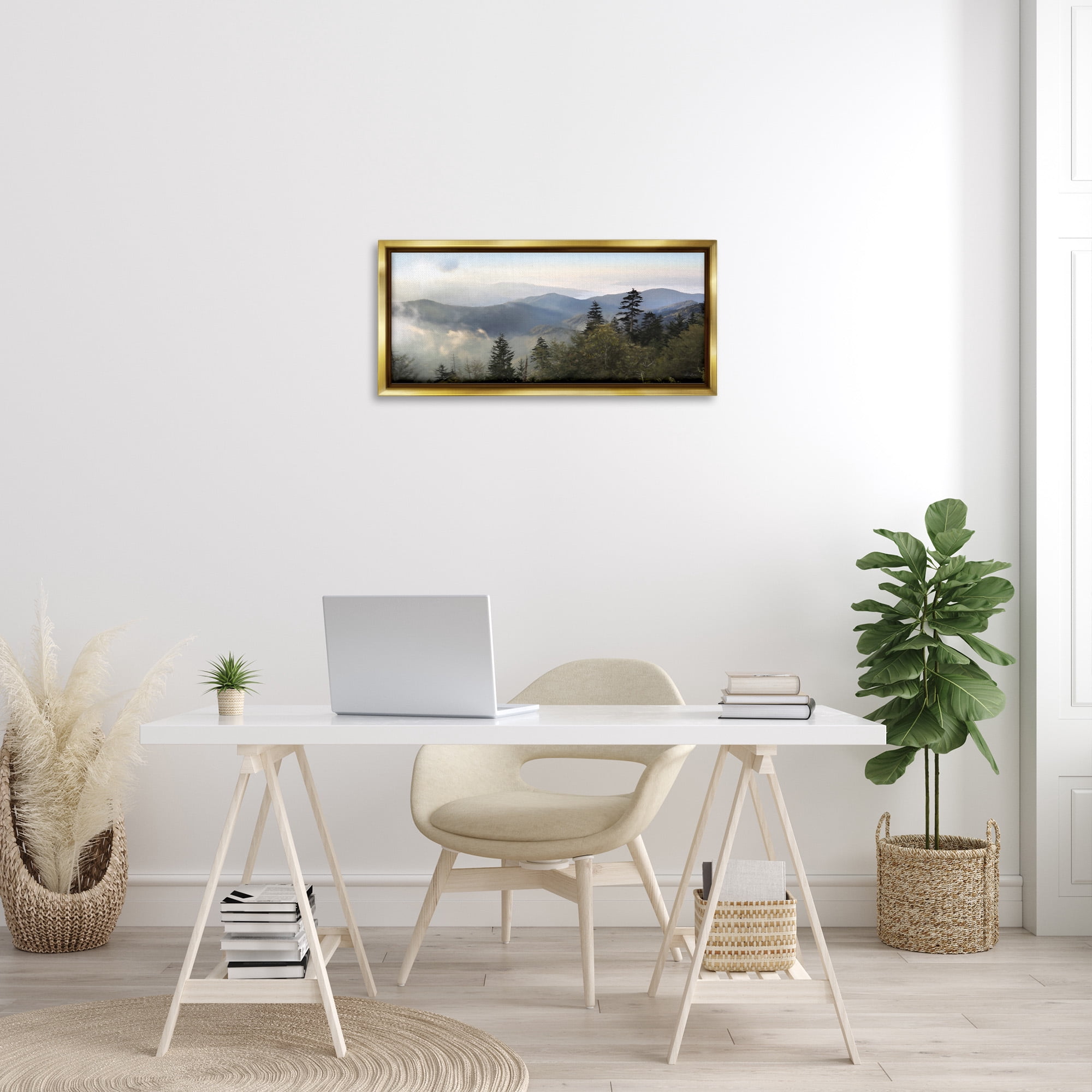 Stupell Industries Panoramic Cloudy Mountainous Nature Landscape Photography Gold Floater Framed Canvas Art Print Wall Art, 31 x 14