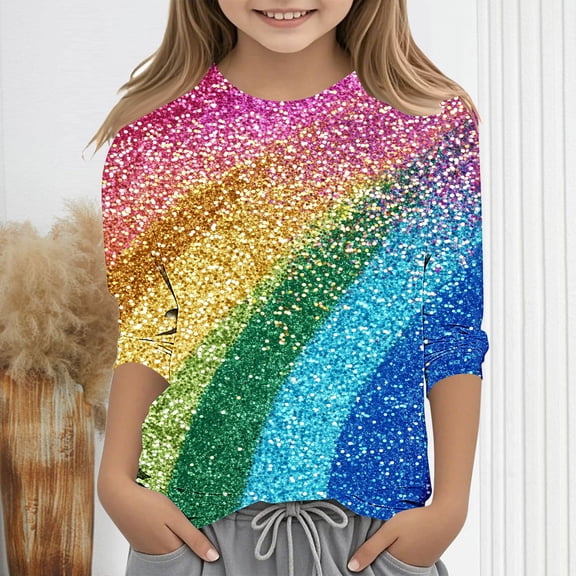 The Children's Place Baby Girls' and Toddler T-Shirts Children's Fashion Printed 3/4 Sleeve Round Neck Pullover Base Shirt Long Sleeved Round Neck Top/shirt Multicolor 110