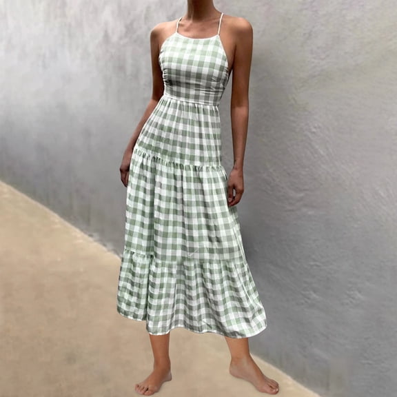 Bnwani Maxi Dresses for Women,Womens Dresses,Backless,Checked,Sleeveless,Tiered,Green,L