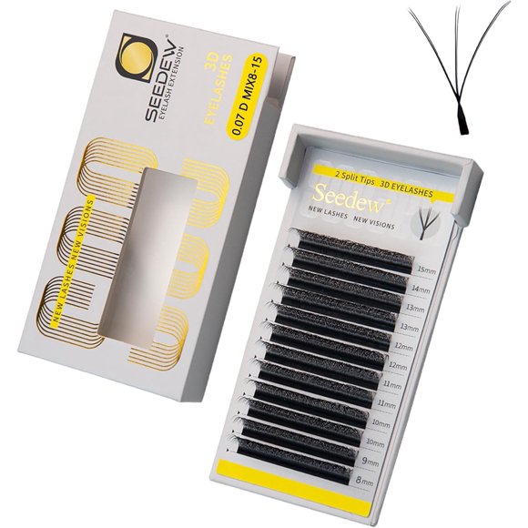 shiyou-SEEDEW 3D-Double Tips Lash Extensions, 0.07mm D Curl MIX8-15mm 12 Rows/Tray, W Shape 3DD Flat Stem, PBT Natural Eyelashes for Beginner Artist, Lash Tech, Beauty Salon(3DD-Matte Black-0.07-D-MI