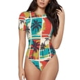 thumbnail image 2 of Goofa Colorful Hawaii Palms Printed Women Rash Guard Short Sleeve,Tummy control Swimsuit Surfing Swimsuit Bathing Suit One Piece Swimsuit UPF 50-Medium, 2 of 9