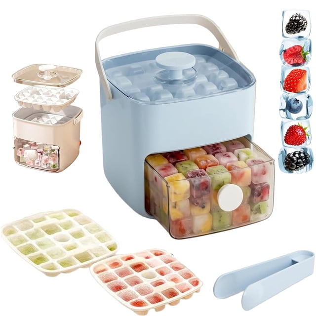 48 Cube Ice Maker With Easy Press Lid, Double Layer Portable Ice Maker with Lid and Storage Box for Freezer, Handled Press-Type Ice Cube Tray with Lid and Bin for Whiskey, Cocktail, Beer (Blue) 