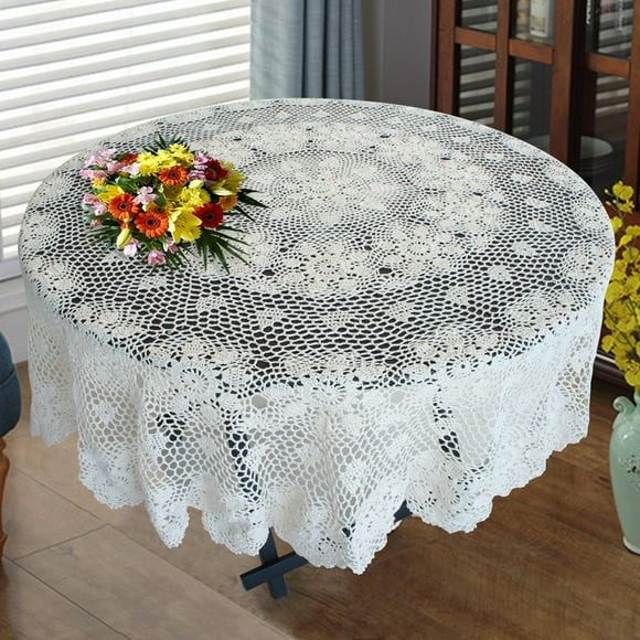 USTIDE Crochet Round Tablecloth 60-inch White Cotton Lace Table Overlays Table Covers Table Cloth for Dining Table Kitchen Bedroom Sofa