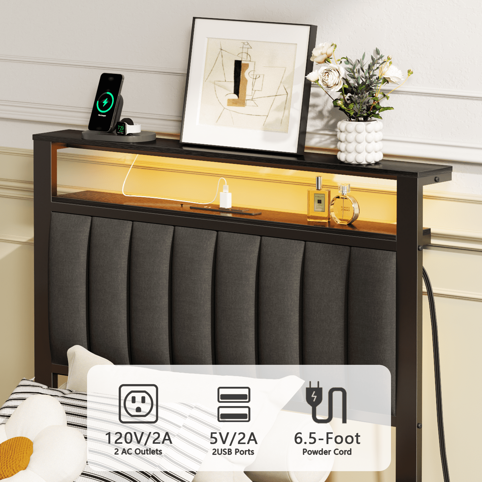 Glozzt Twin LED Bed Frame with Smart RGB Lights, Headboard Charging Station, Versatile Storage Solution, Comfortable Upholstered Backrest, No Box Spring Needed
